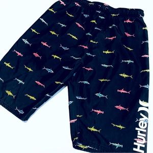 EUC HURLEY SWIM TRUNKS Multi-Color SHARKS Black BOARD SHORTS BOYS XL MENS SMALL